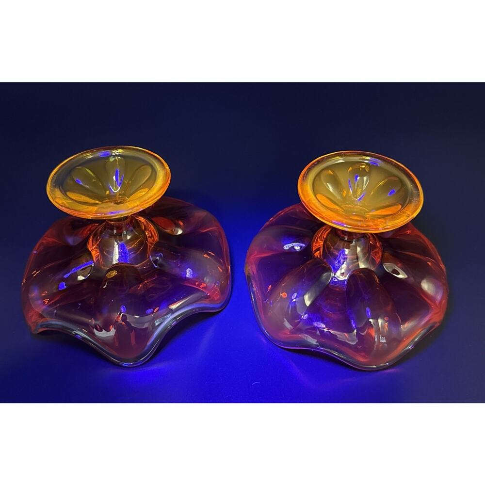 MCM VIKING Persimmon Amberina 6 Petal Candle Holders GLOW - Picture 7 of 10
